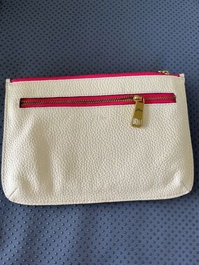 J Crew Contrast Zip Pouch in Pebble Leather Cream with Pink Accents
